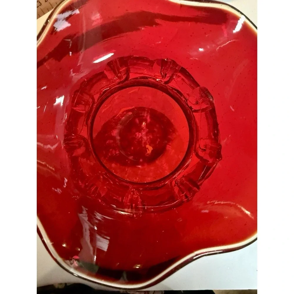Viking Ruby Red Glass Vase with Applied Clear Band Ruffled Rim Amberina